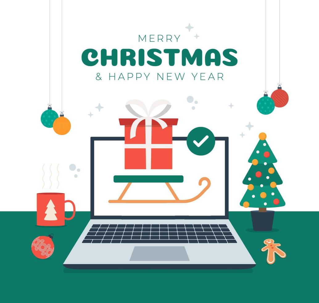 Santa sleigh delivery gifts online. Christmas shopping from home using a delivery service, staying at home, social distancing and coronavirus prevention concept vector