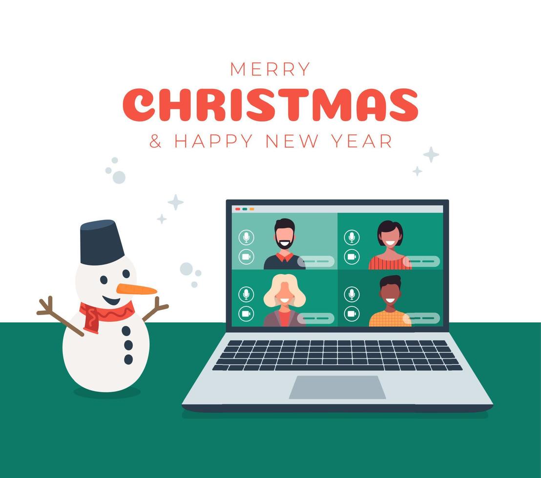 Christmas online greeting. people meeting online together with family or friends video calling on laptop virtual discussion. Merry and Safe Christmas office desk workplace, flat vector illustration