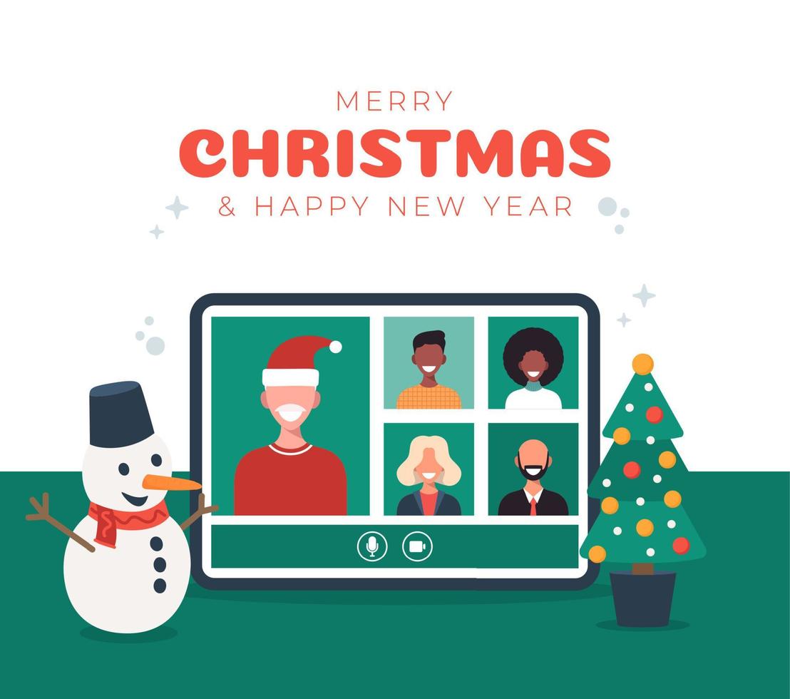 Ilustración de celebración de Navidad en línea en tableta. Feliz fiesta de navidad nuevo concepto normal con conferencia. un grupo de personas en trajes de invierno se reúnen en línea a través de una videoconferencia. vector