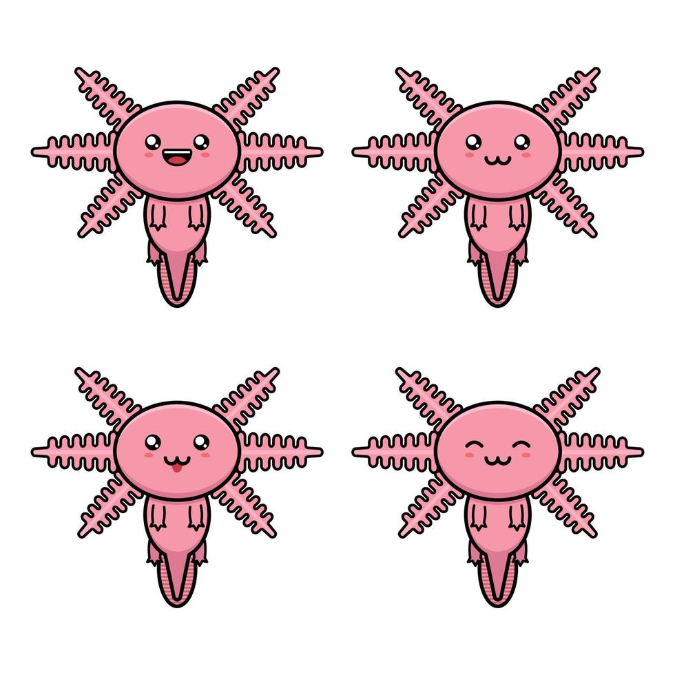 Collection of cute cartoon axolotl animals with various facial expressions on white background vector