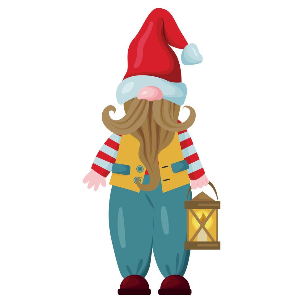 Ilustración de un gnomo de dibujos animados con un traje de colores brillantes. un fabuloso personaje navideño sostiene una linterna en sus manos. vector. vector