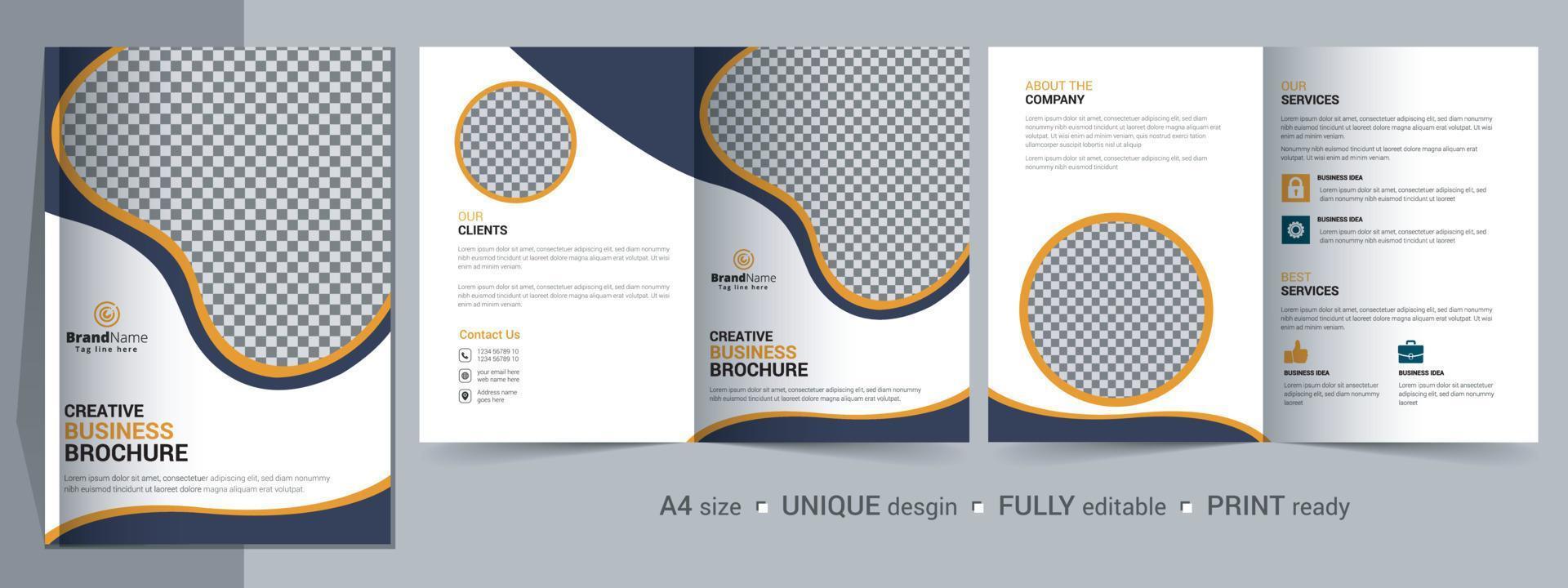 plantilla de folleto corporativo bifold, catálogo, diseño de plantilla de folleto totalmente editable. vector