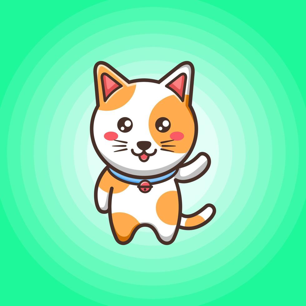 Cute little cat with smile face and waving hand wearing a blue necklace vector