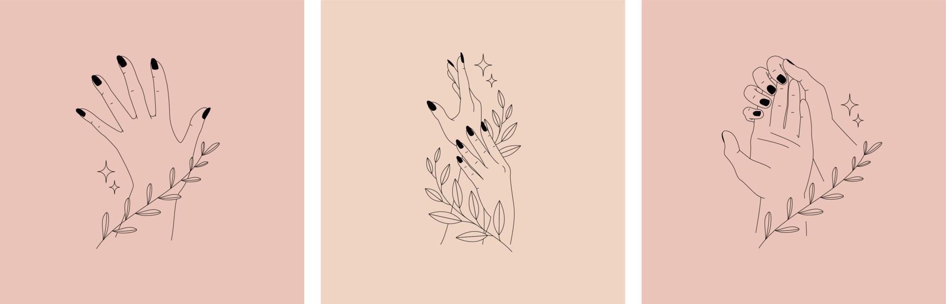 Set of graceful female hands in doodle style holding hand-drawn plants vector