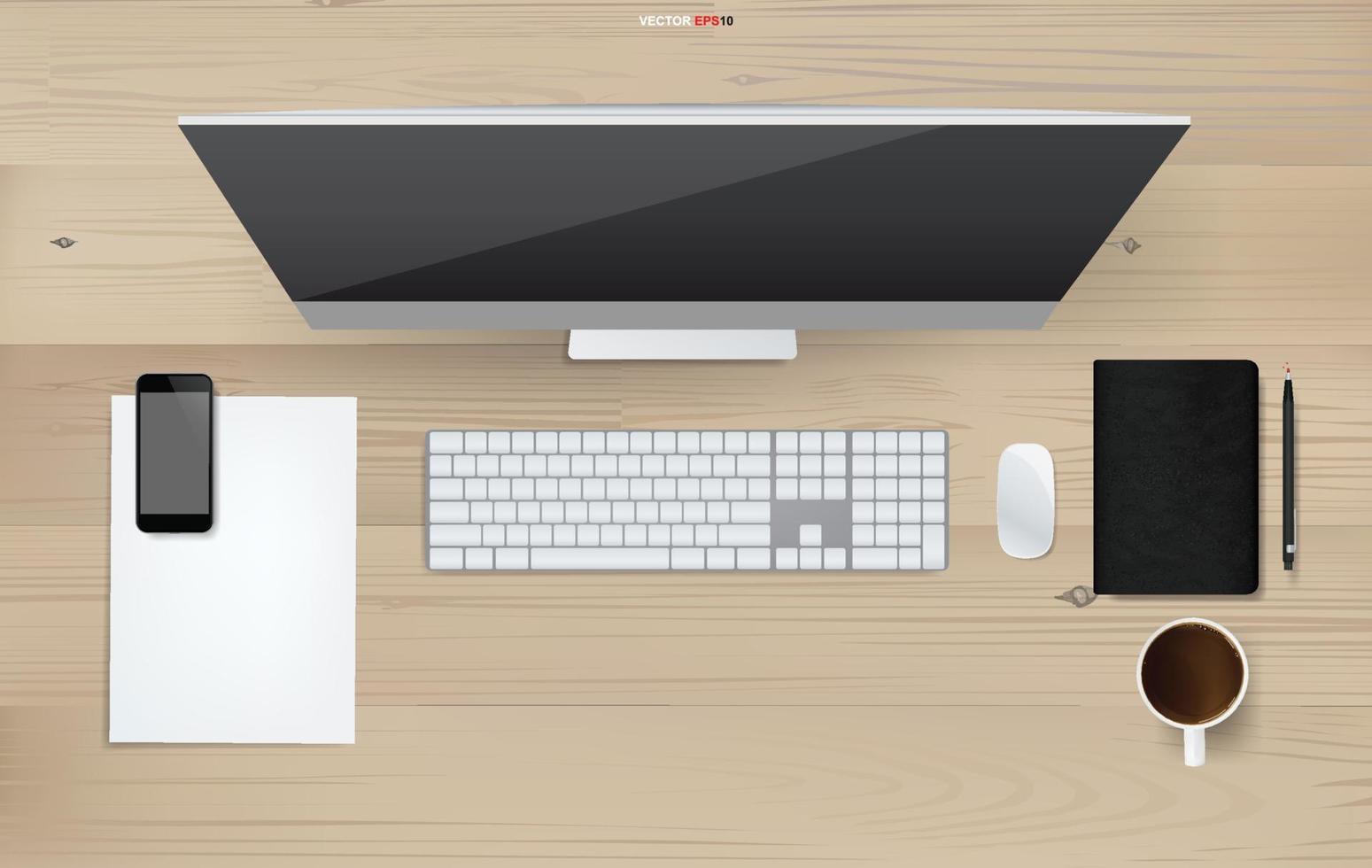 Computer display background of working space  with office object on wood. Vector. vector