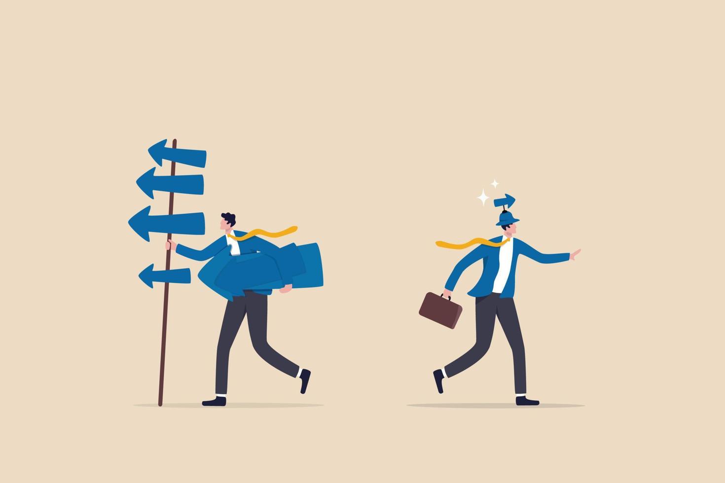 Simple idea for business success, simplify complicated directions to be easy success way, effective thinking concept, smart businessman walk with simple arrow while other with too many arrow ways. vector