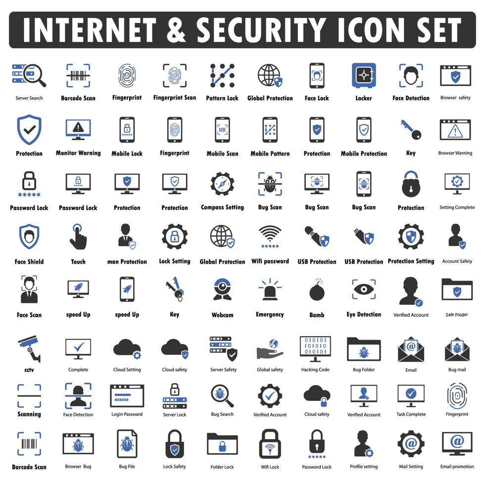 Internet And Security Icon Set Black with Blue vector