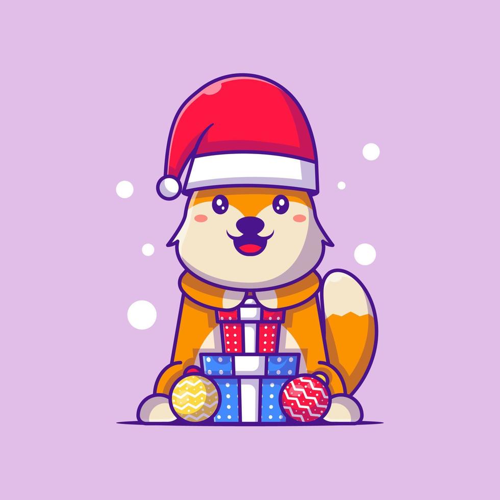 Cute Illustration of Santa Claus Fox with Christmas Gift merry christmas vector