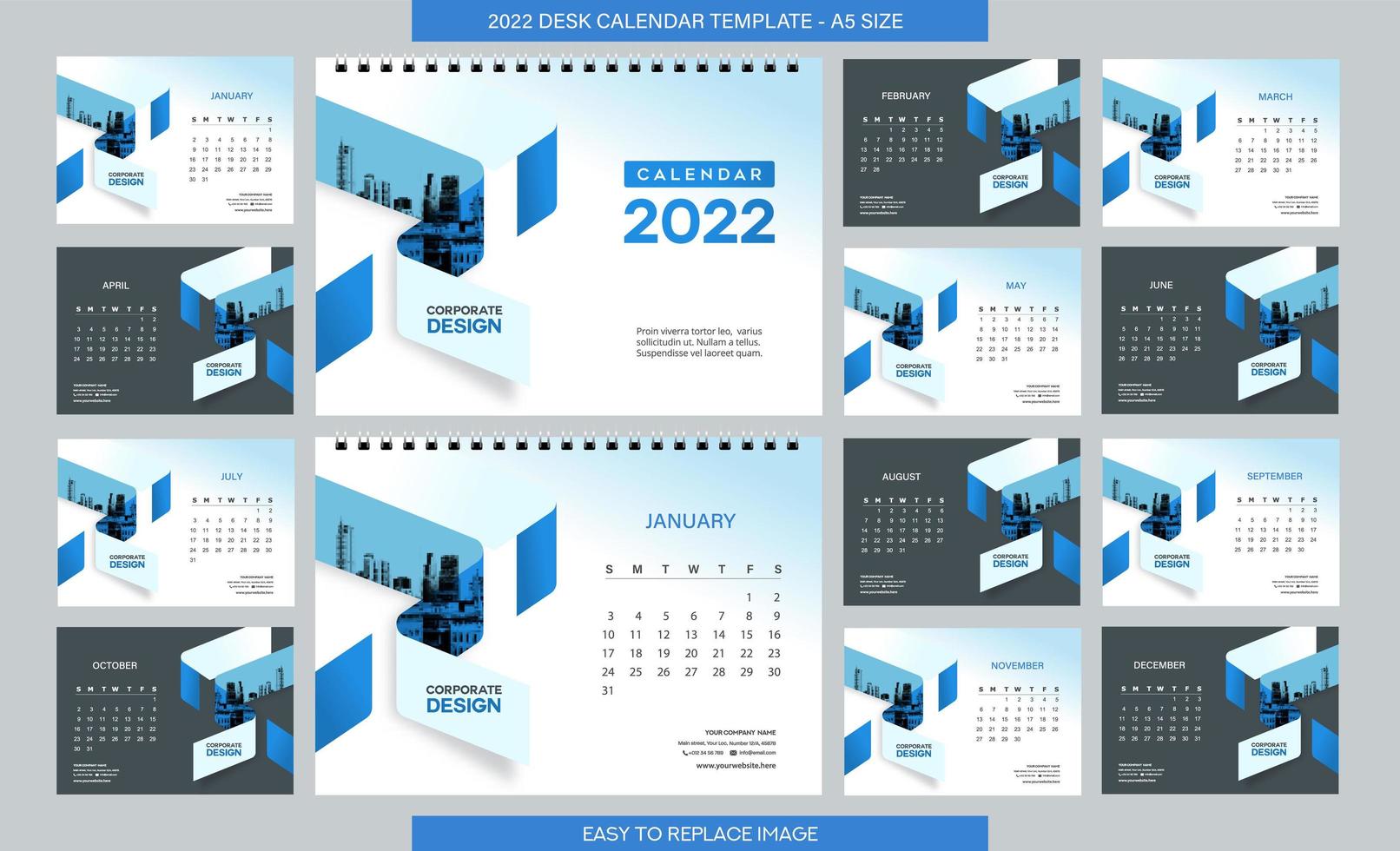 Plantilla de calendario de escritorio 2022 - 12 meses incluidos - tamaño a5 vector