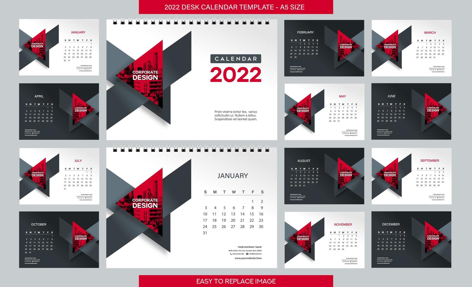 Plantilla de calendario de escritorio 2022 - 12 meses incluidos - tamaño a5 vector