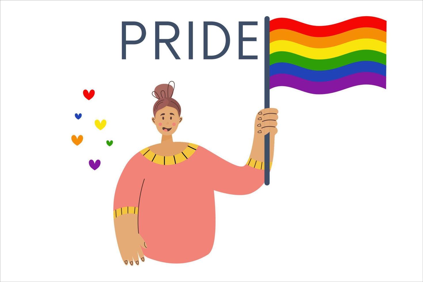 Month of parade. Girl holds flag in LGBT colors. Flat vector illustration. Lesbian gay bisexual transgender at the parade. Concept diversity