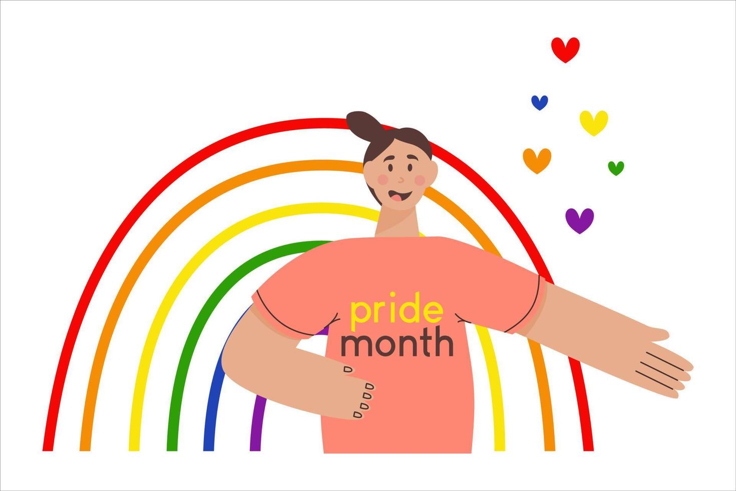 Month the parade. Girl on a rainbow background in LGBT colors. Flat vector illustration. Lesbian gay bisexual transgender at parade. Concept of diversity