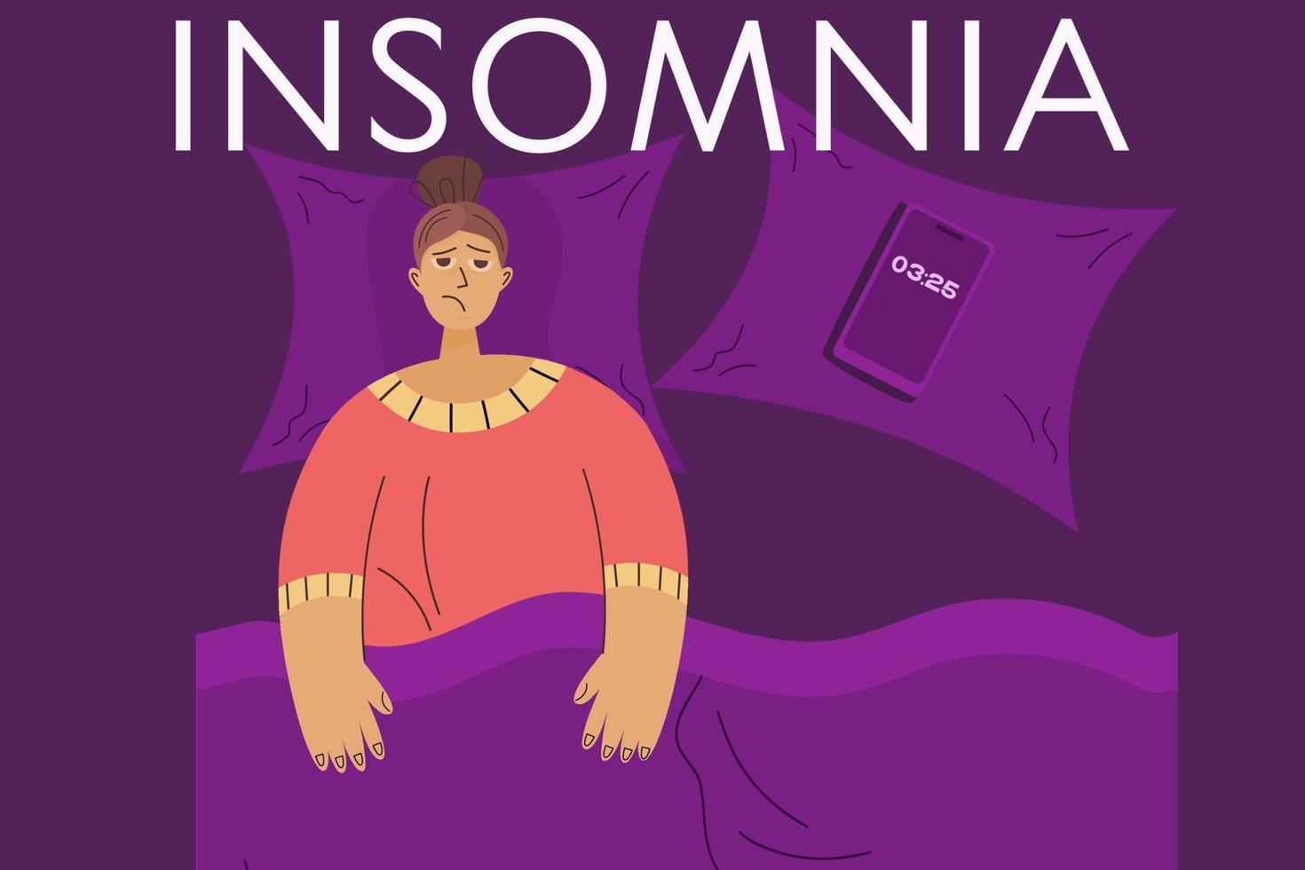 el concepto de insomnio femenino. una mujer cansada está acostada en la cama y no puede conciliar el sueño, trastorno del sueño. una cama para una persona inquieta. ilustración vectorial en un estilo plano vector