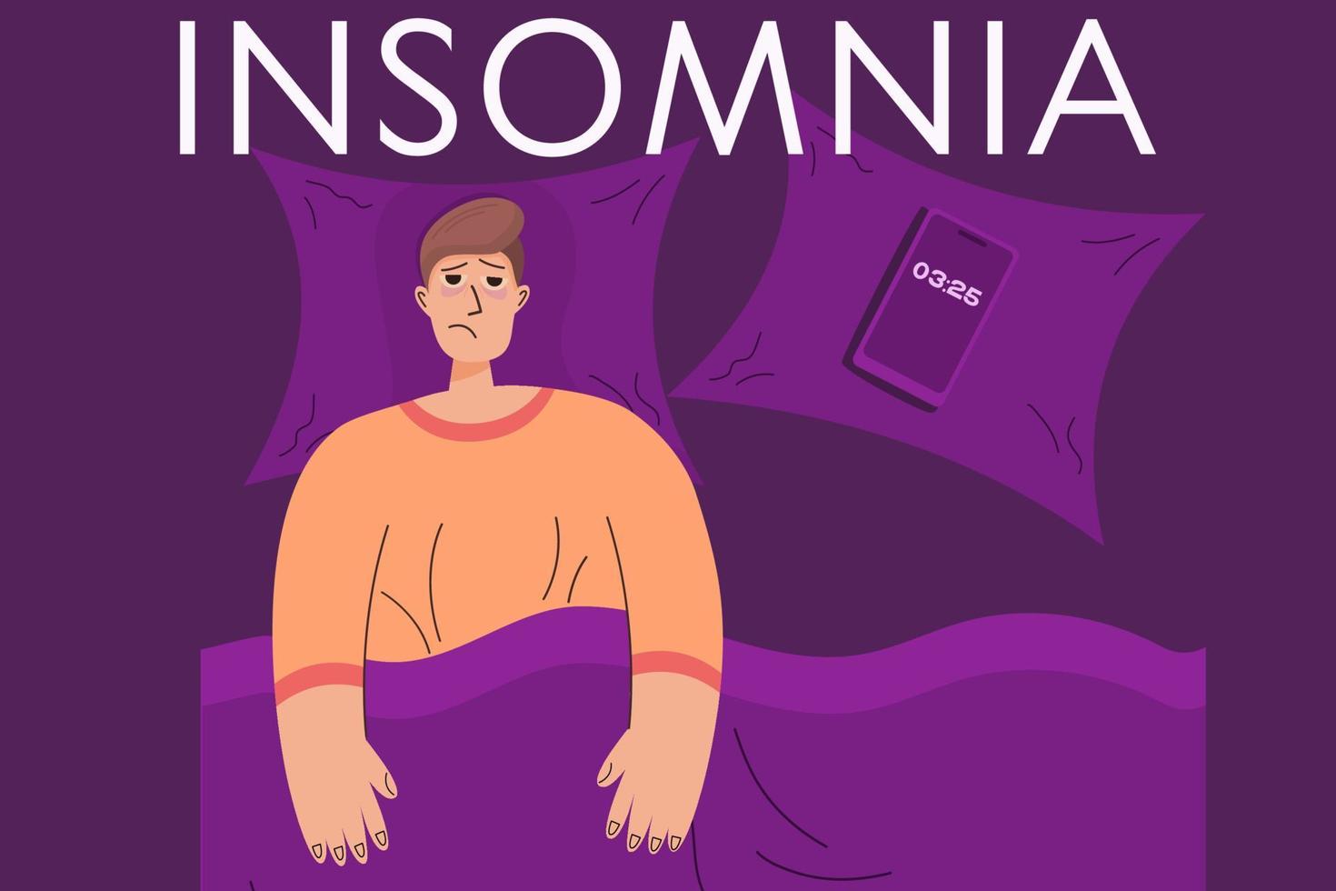 The concept insomnia with man. A tired person lies in bed and cannot sleep, sleep disorder. Anxiety person bed. Vector illustration flat style