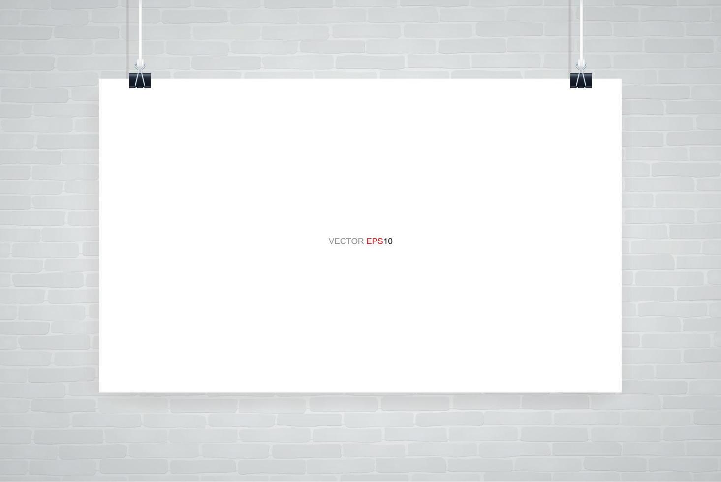 Blank white poster hanging on white brick wall. Vector. vector