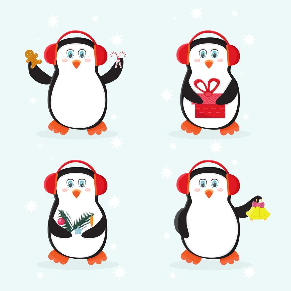 conjunto de pingüinos de personajes navideños. estilo de dibujos animados. vector