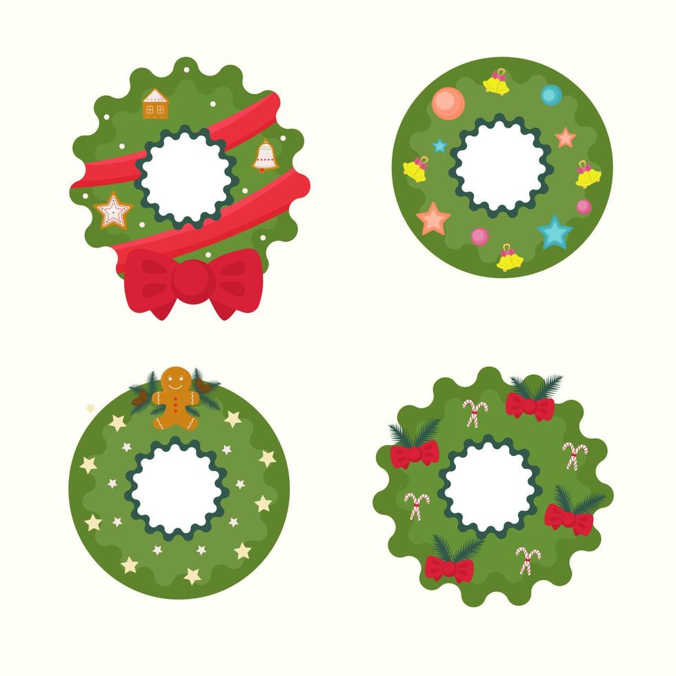 Christmas set of four wreaths with balls, bells, toys. Decoration on the door. vector