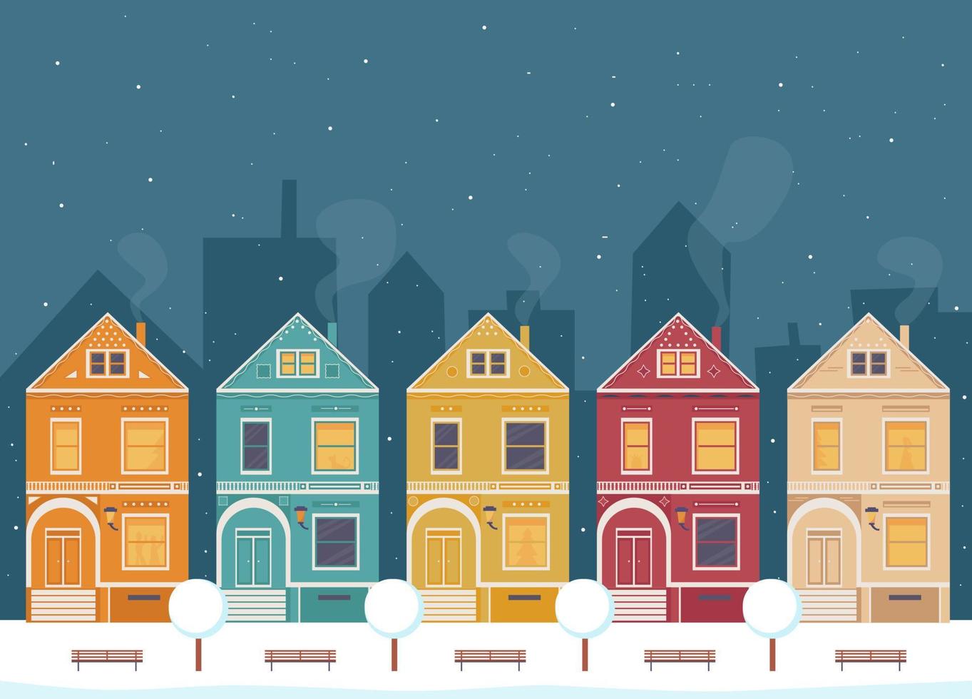 Victorian houses in winter, christmas. vector