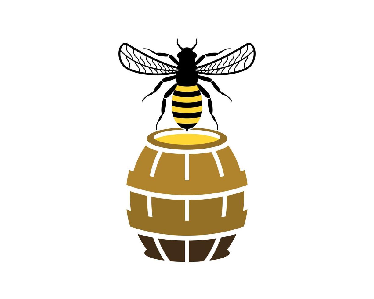 Flying bee on the honey barrel vector