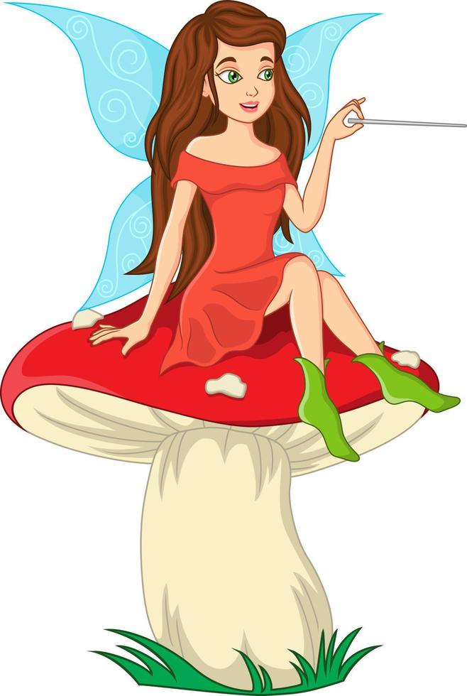 Cartoon little fairy sitting on the mushroom vector