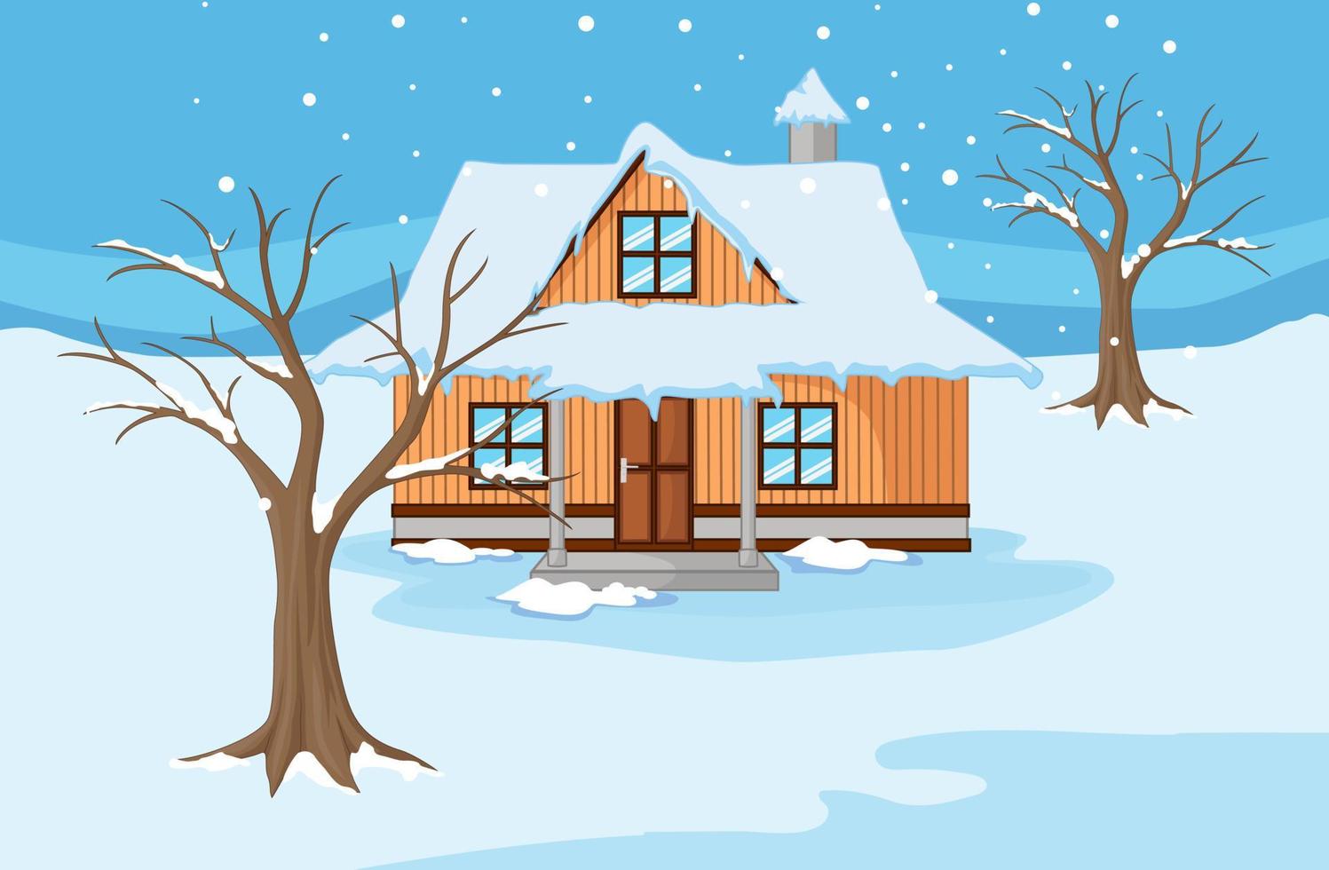 paisaje invernal con casa y arboles vector