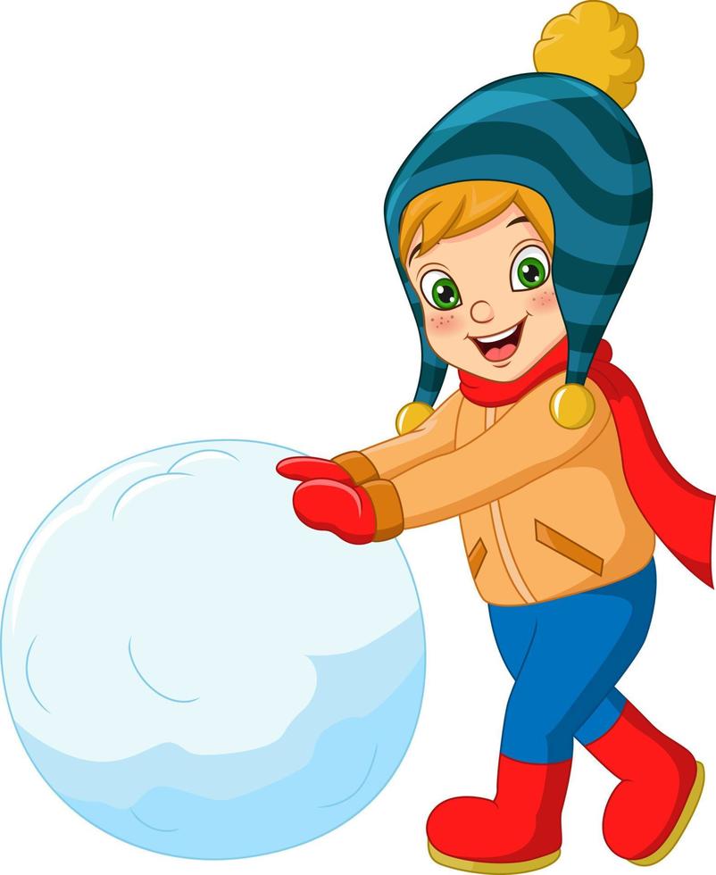 niño lindo en ropa de invierno jugando bola de nieve vector