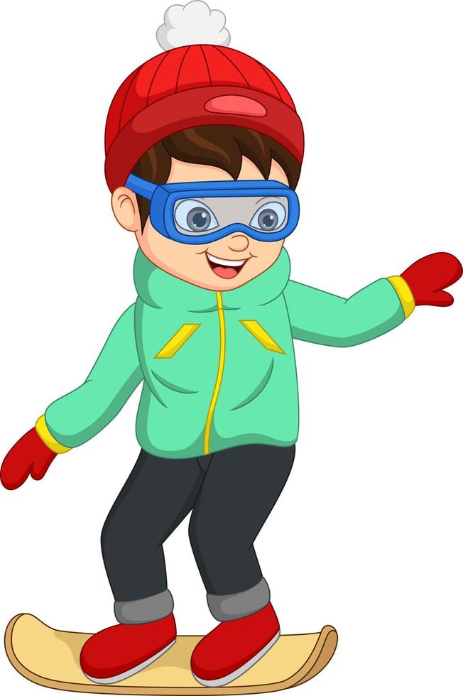 Cute little boy in winter clothes playing a snowboard vector