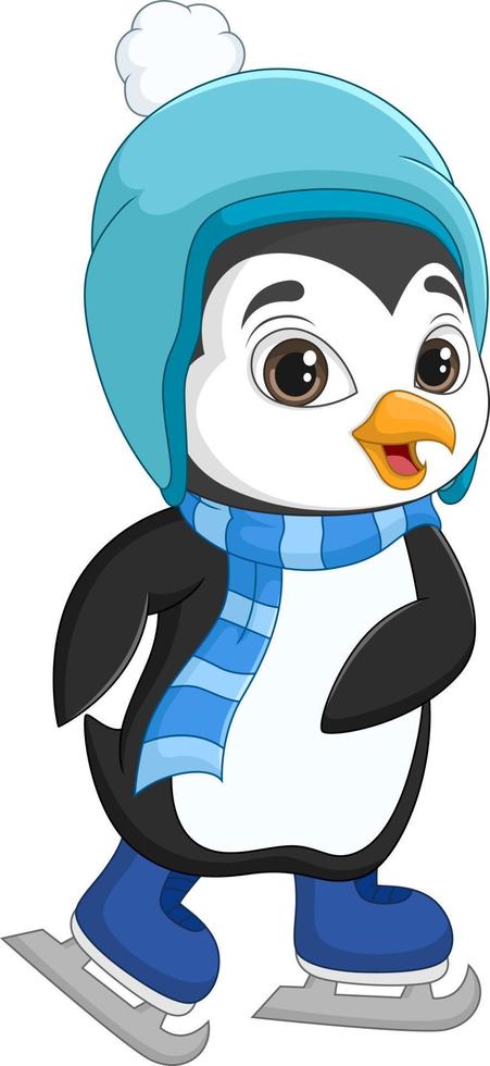 lindo bebé pingüino patinaje sobre hielo vector