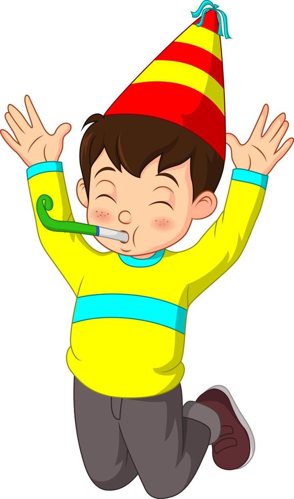 Happy boy jumping blowing paper trumpet Celebration of the new year vector