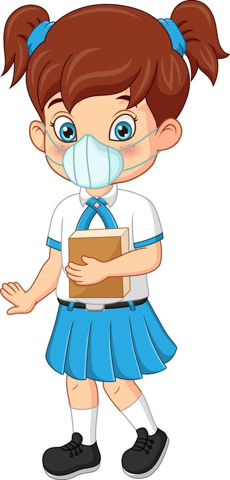 Cute student girl in face mask holding book vector