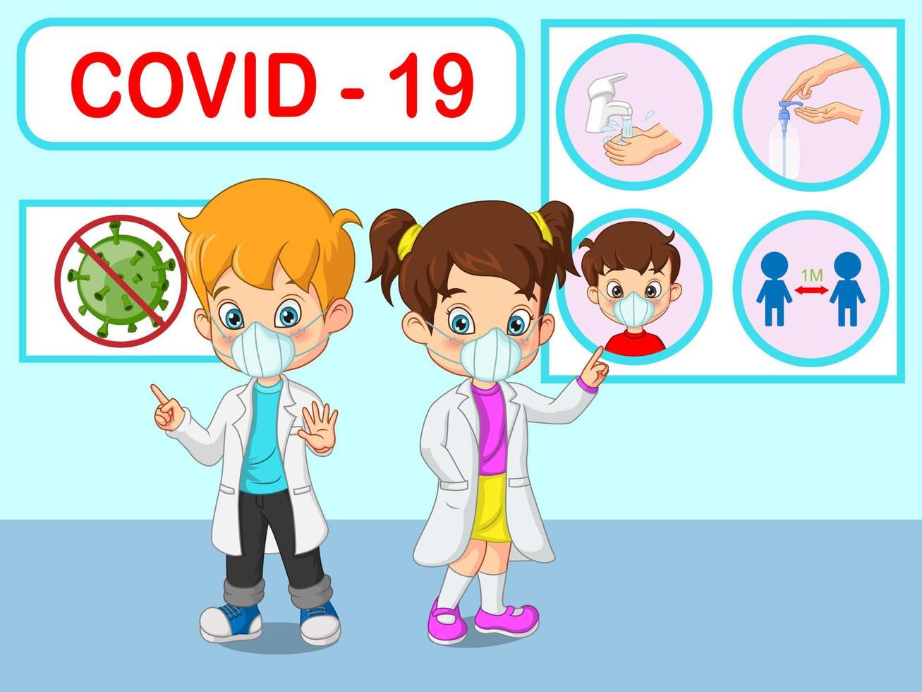 El doctor los niños pequeños explican las infografías, usan mascarilla, se lavan las manos, vector