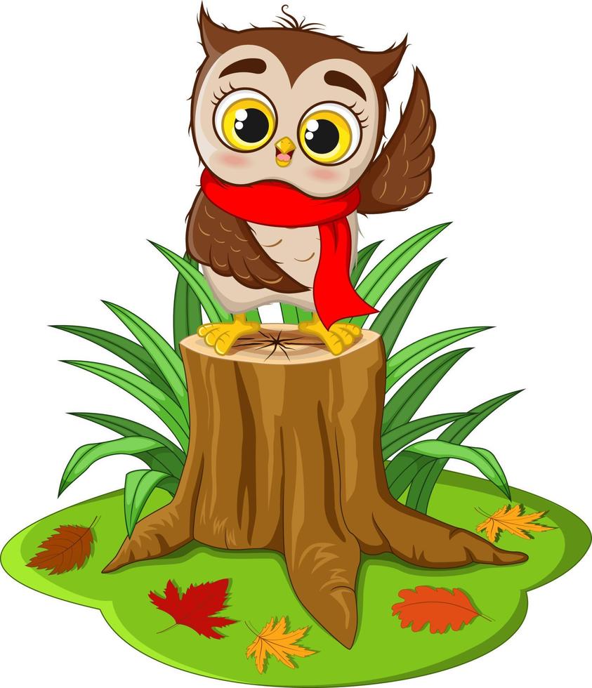 Cartoon cute owl in red scarf on tree stump vector
