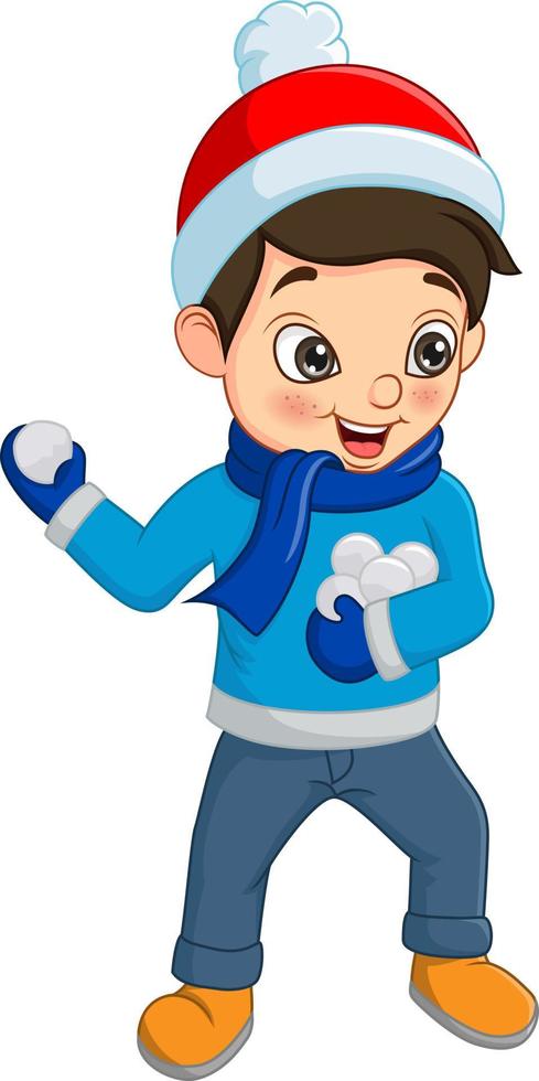 niño lindo en ropa de invierno lanzando bolas de nieve vector