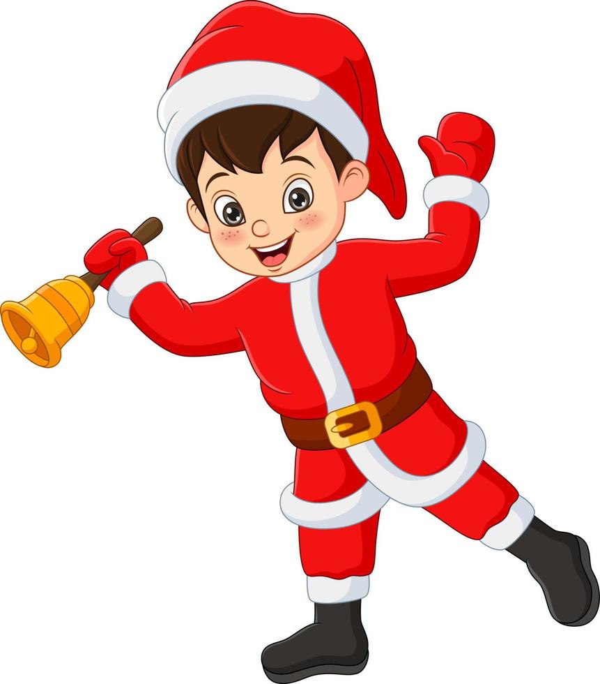 niño feliz en traje de santa claus sosteniendo una campana vector