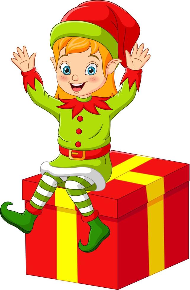 Cartoon christmas elf sitting on big gift box vector