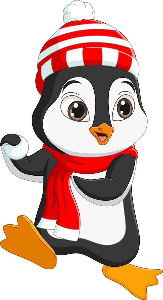 lindo pingüino jugando con una bola de nieve vector