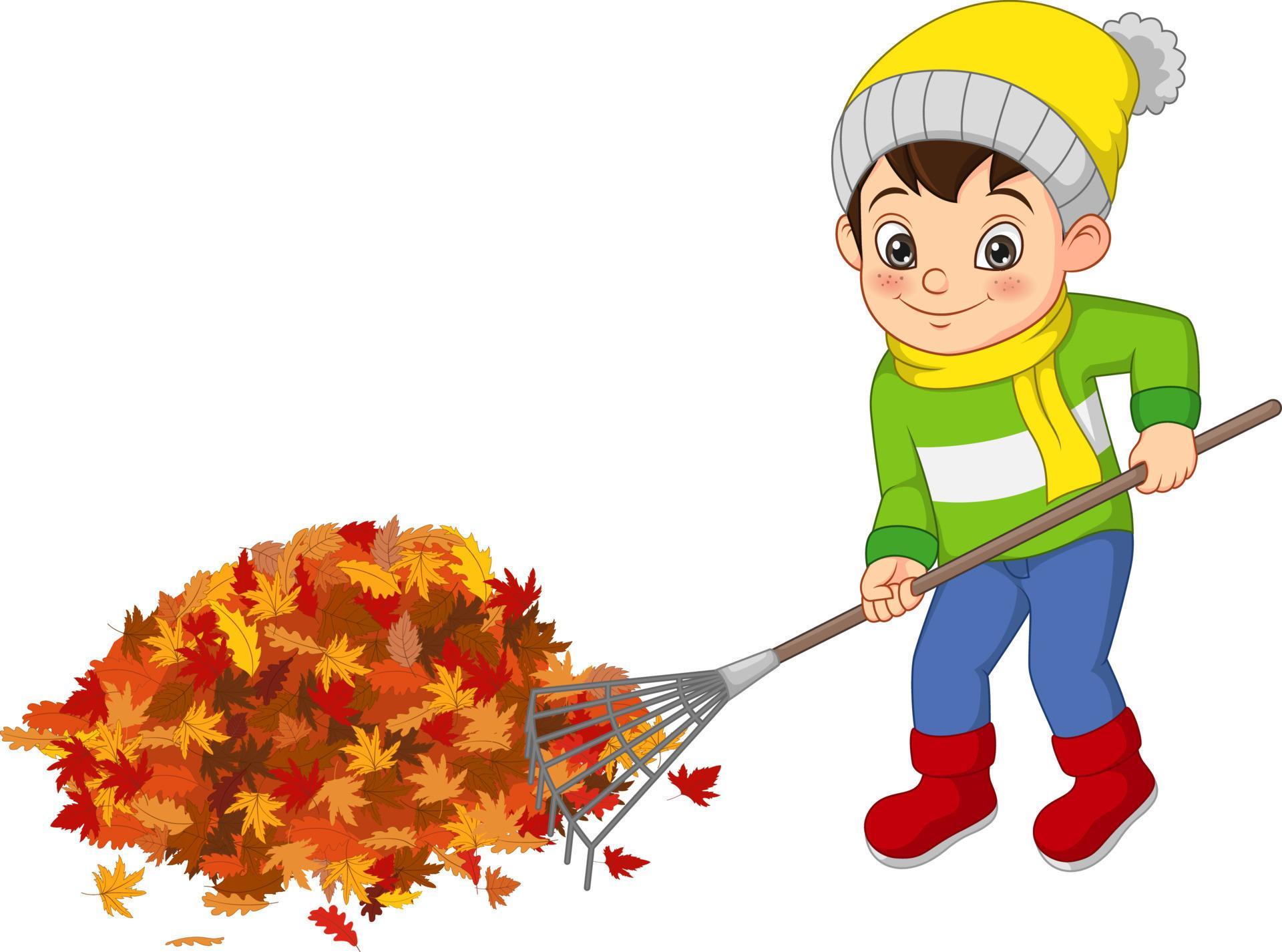 Cute boy volunteers cleaning up autumn leaves 4991893 Vector Art at ...