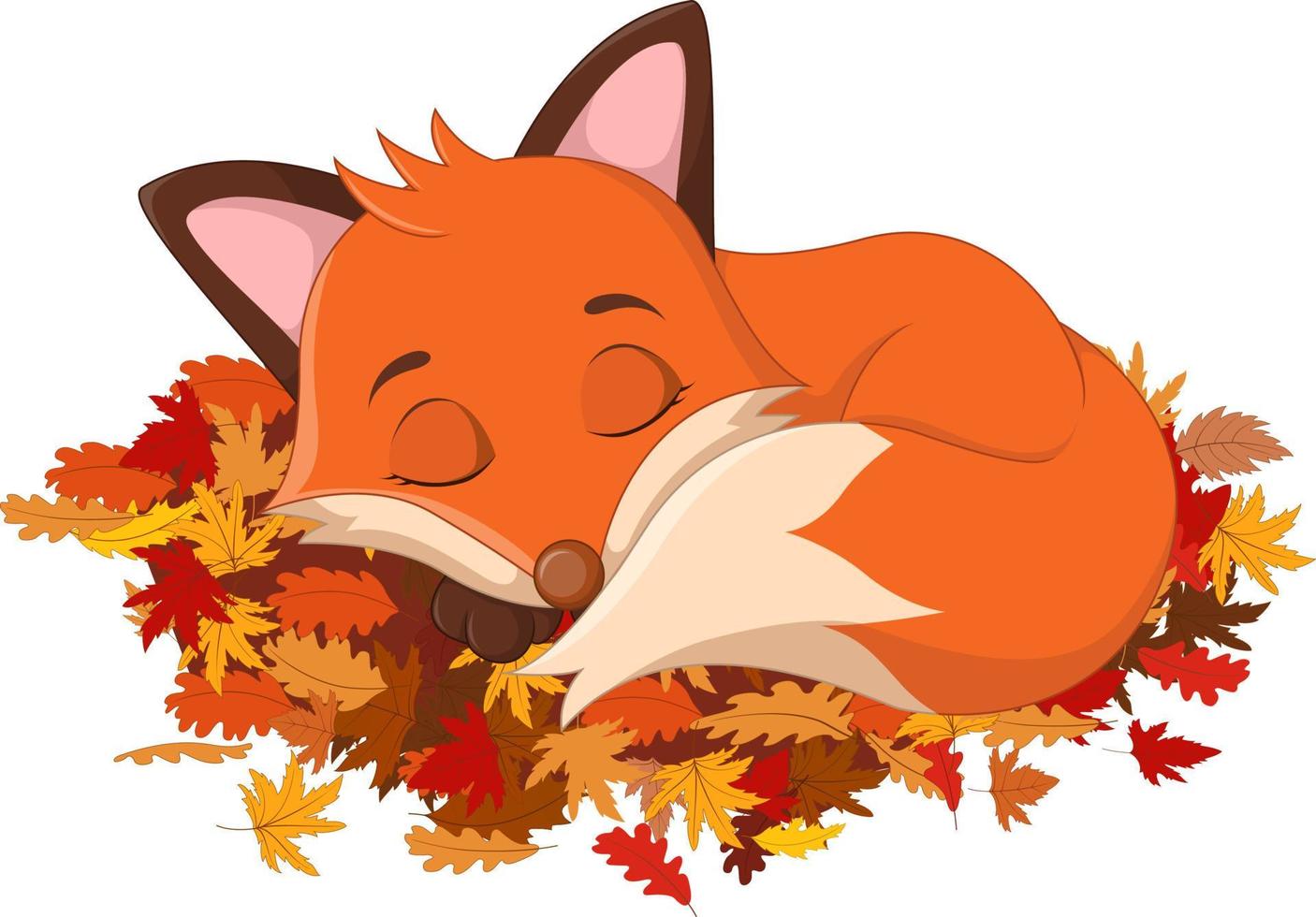 Cute fox sleeping on autumn leaves vector