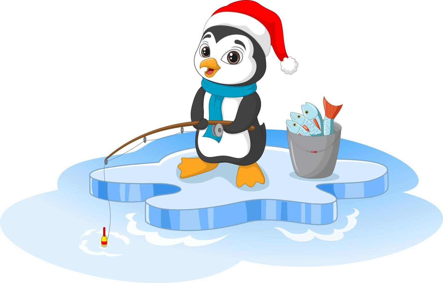 Cartoon happy penguin fishing on ice floe vector