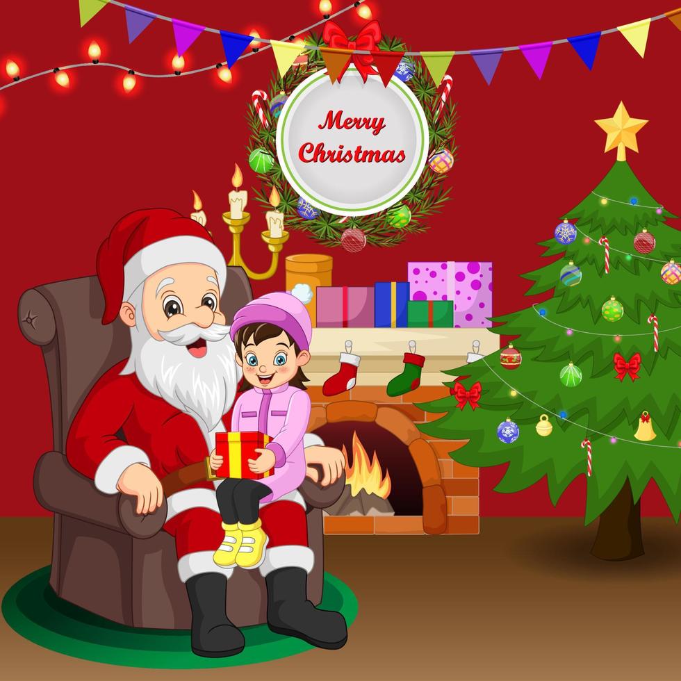 Cartoon santa claus with girl sitting on the lap vector