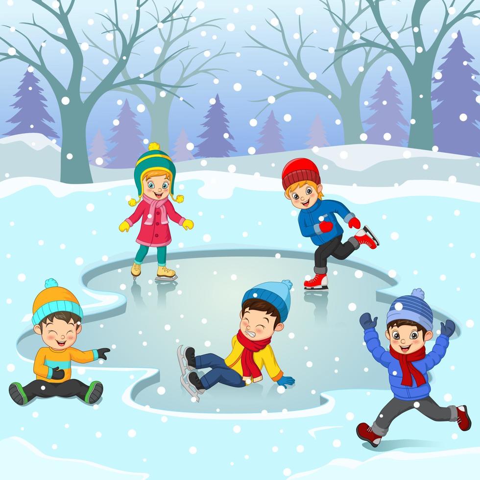 grupo de niños en ropa de invierno jugando pista de patinaje sobre hielo vector