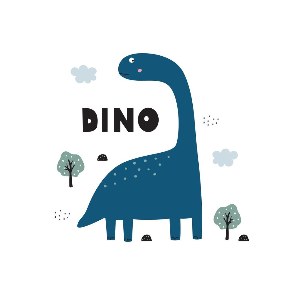 Diseño de estilo plano de dinosaurio de dibujos animados para web, gráficos, impresión, ilustración de vector de tarjeta