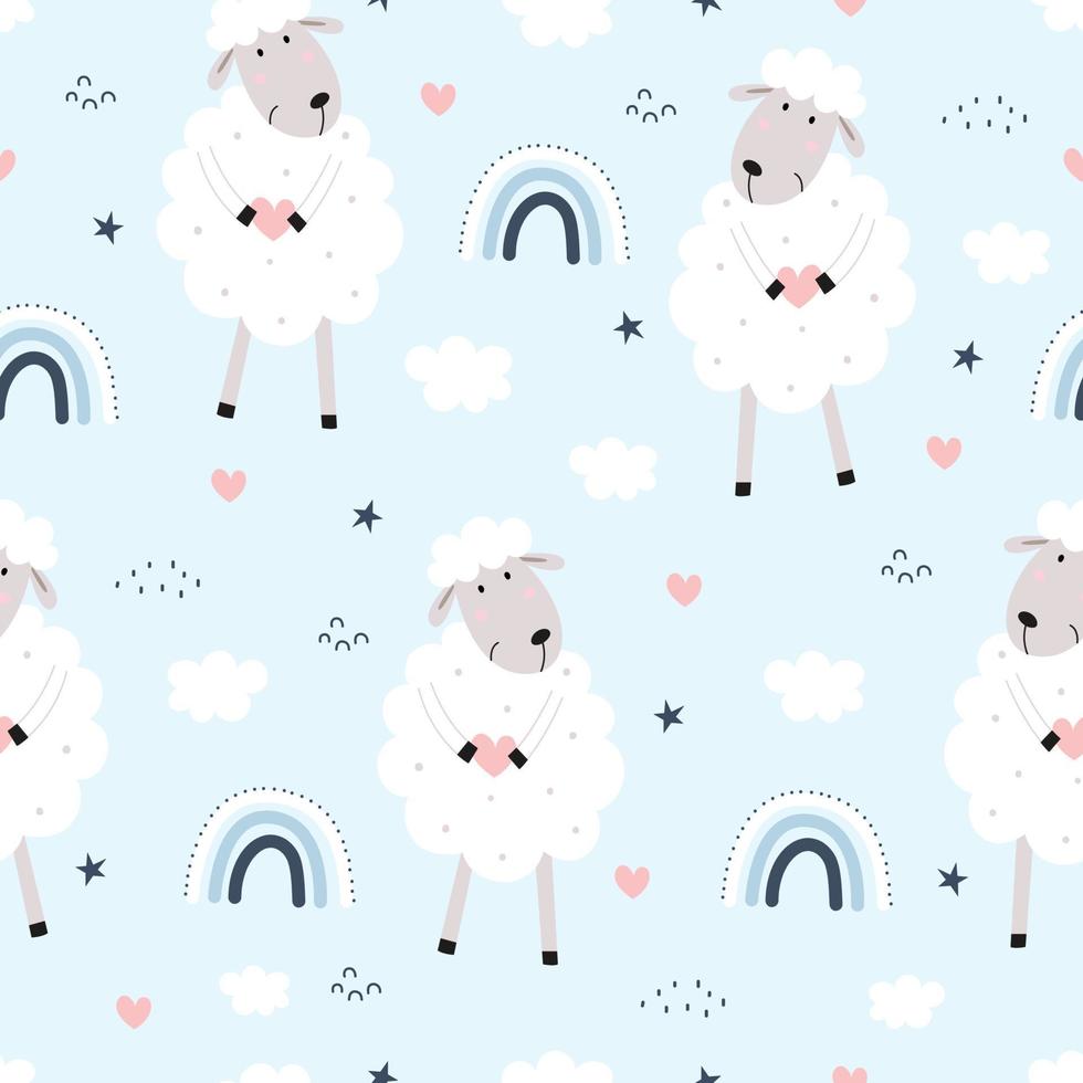 Seamless pattern Animal cartoon background has a sheep with cloud and rainbow in the sky. Hand drawn design in children's style, use for print, wallpaper, fabric textile pattern. Vector illustration