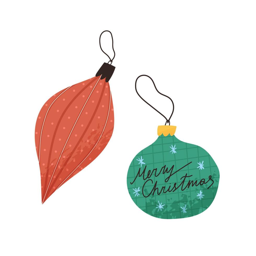 bolas de árbol de Navidad o juguetes, ilustración vectorial plana aislada sobre fondo blanco. decoración de invierno dibujada a mano con textura. Feliz Navidad letras, ideal para tarjetas de felicitación o postales. vector