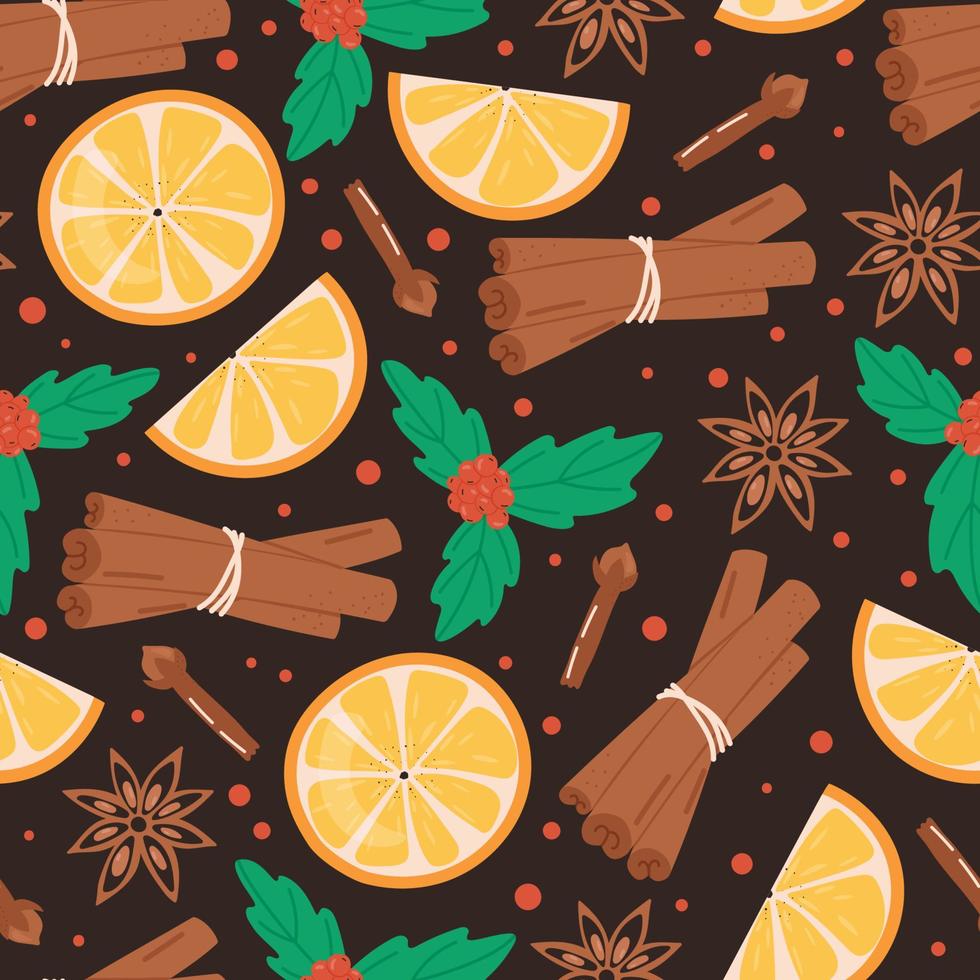 Christmas seamless pattern. Cinnamon, orange, clove, anise and mistletoe. Winter holidays concept. vector