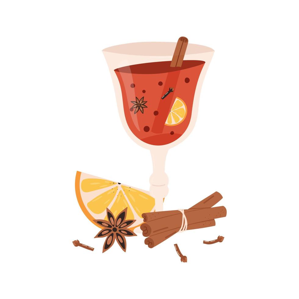 Glass of mulled hot wine with cinnamon stick, orange, anise and clove. Vector illustration.