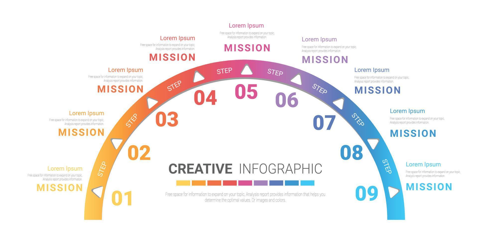 Diseño de medio círculo de elementos infográficos con 9 opciones o pasos. vector