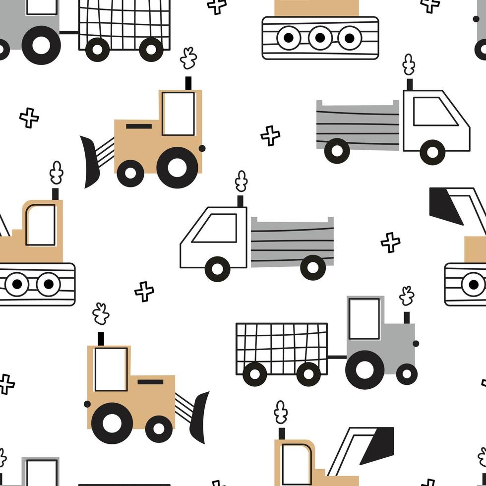 Hand drawn construction vehicles tractor seamless pattern on white background Cute design cartoon style. used for printing wallpaper, fabric, textile, fashion vector illustration