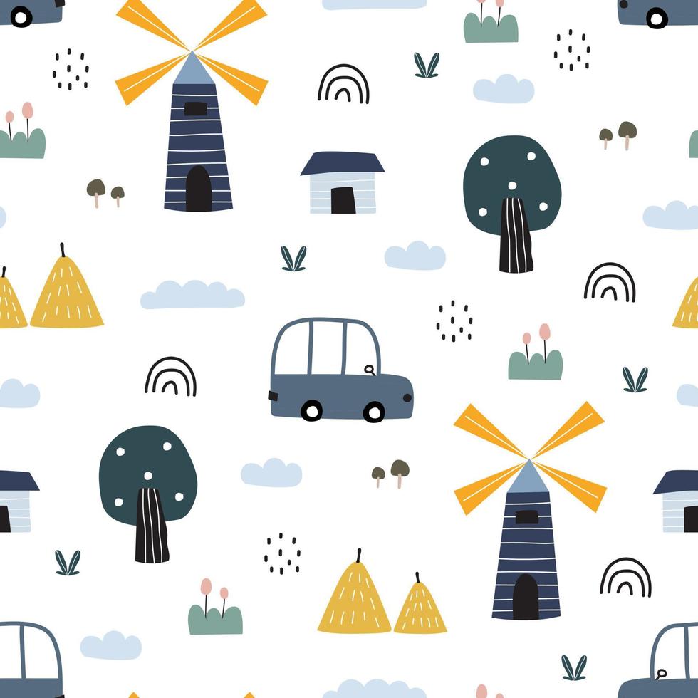 Seamless pattern Rural village cartoon background with houses and windmills Vector colorful summer hand-drawn design flat style used for print, wallpaper, decoration, fabric, textile, wrapping paper