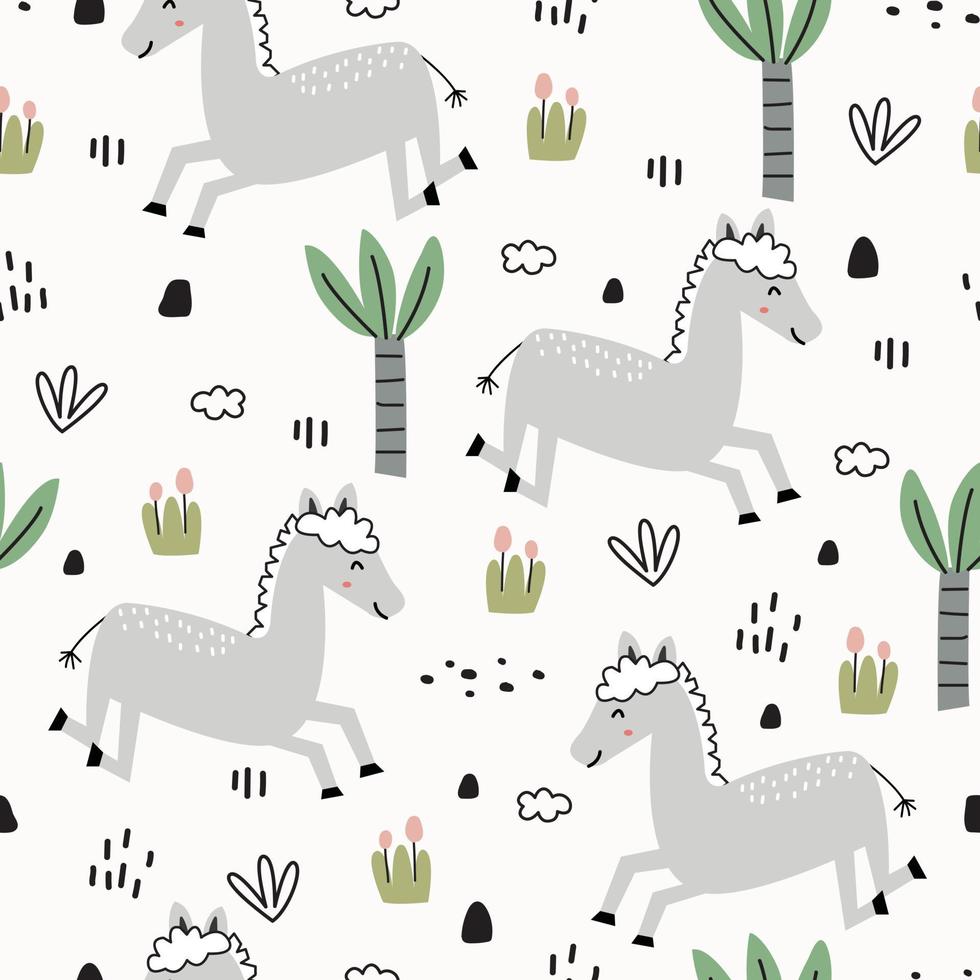 Lindo patrón sin costuras para niños Fondo de dibujos animados de animales con caballos y árboles Diseño dibujado a mano de estilo infantil. uso para impresión, papel tapiz, envoltura de regalos, textiles, ilustraciones vectoriales. vector